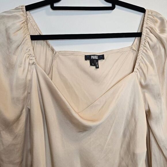 Paige Bodysuit Women's Small Satin Beige‎ Square Neck 100% Polyester Stretch - Picture 3 of 9